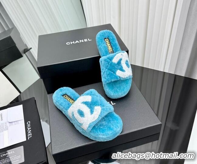 Popular Style Chanel Wool Flat Slide Sandals with Maxi CC Blue 918078