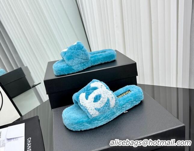 Popular Style Chanel Wool Flat Slide Sandals with Maxi CC Blue 918078