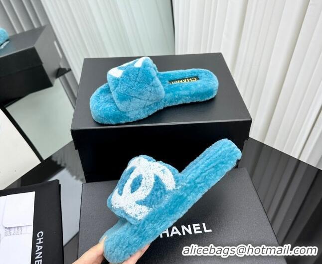 Popular Style Chanel Wool Flat Slide Sandals with Maxi CC Blue 918078