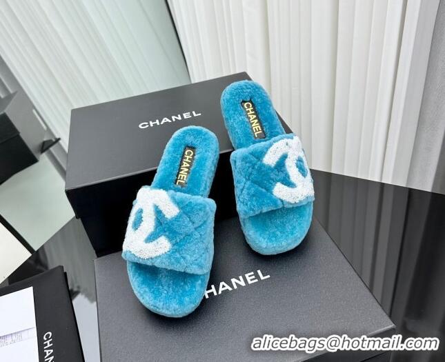 Popular Style Chanel Wool Flat Slide Sandals with Maxi CC Blue 918078