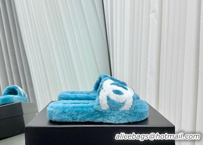 Popular Style Chanel Wool Flat Slide Sandals with Maxi CC Blue 918078