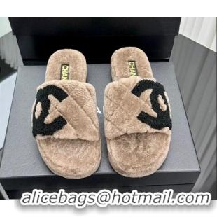 Buy Discount Chanel Wool Flat Slide Sandals with Maxi CC Brown 918079