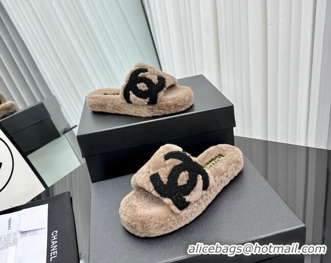 Buy Discount Chanel Wool Flat Slide Sandals with Maxi CC Brown 918079