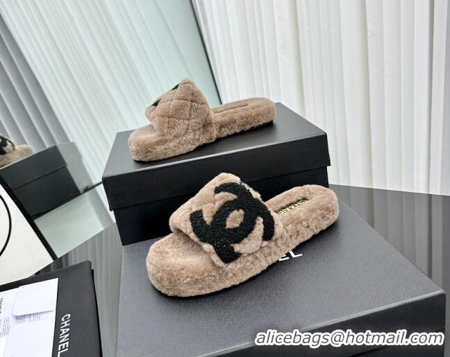 Buy Discount Chanel Wool Flat Slide Sandals with Maxi CC Brown 918079