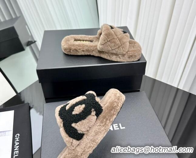 Buy Discount Chanel Wool Flat Slide Sandals with Maxi CC Brown 918079