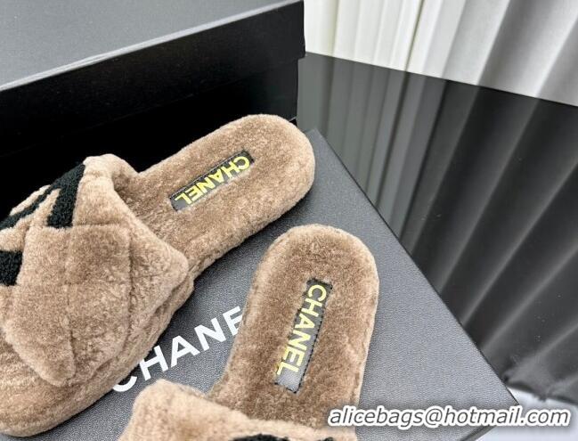 Buy Discount Chanel Wool Flat Slide Sandals with Maxi CC Brown 918079