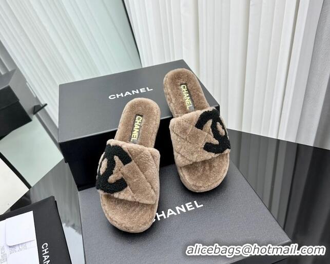 Buy Discount Chanel Wool Flat Slide Sandals with Maxi CC Brown 918079