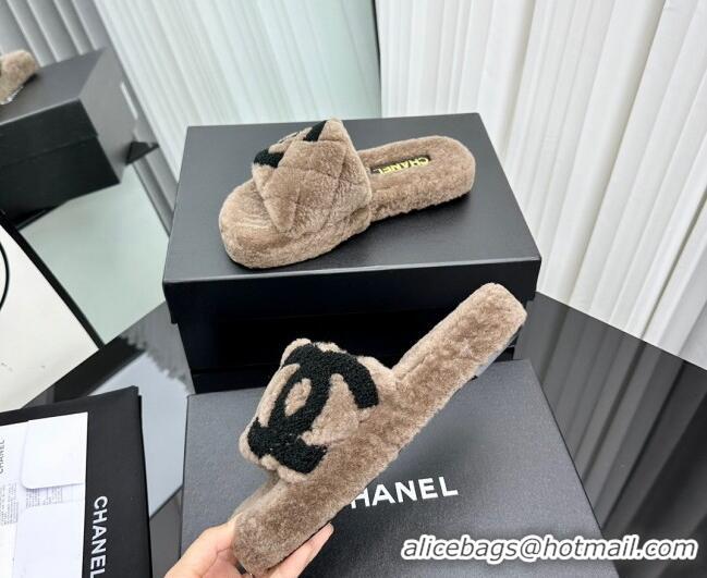 Buy Discount Chanel Wool Flat Slide Sandals with Maxi CC Brown 918079