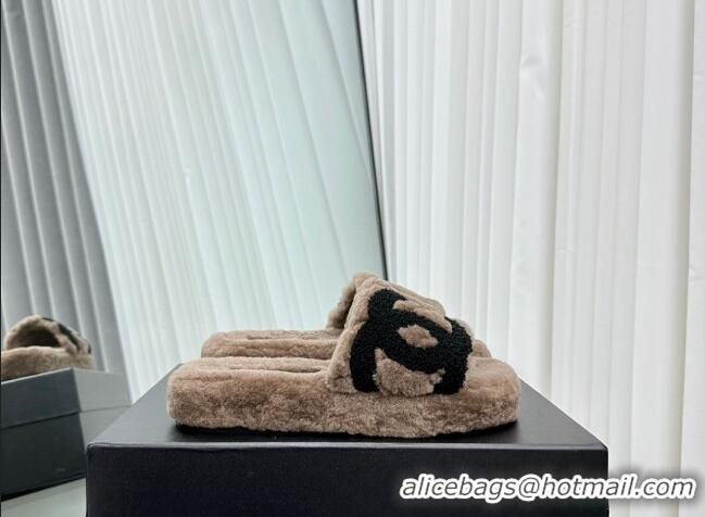 Buy Discount Chanel Wool Flat Slide Sandals with Maxi CC Brown 918079