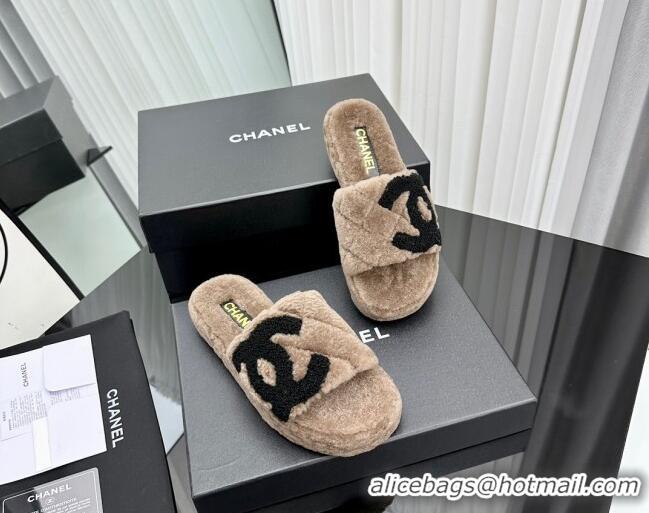 Buy Discount Chanel Wool Flat Slide Sandals with Maxi CC Brown 918079