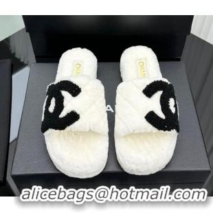 Best Grade Chanel Wool Flat Slide Sandals with Maxi CC White 918080