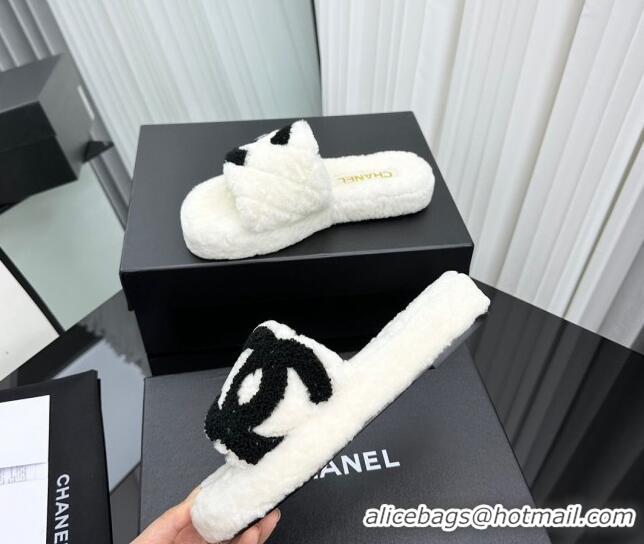 Best Grade Chanel Wool Flat Slide Sandals with Maxi CC White 918080