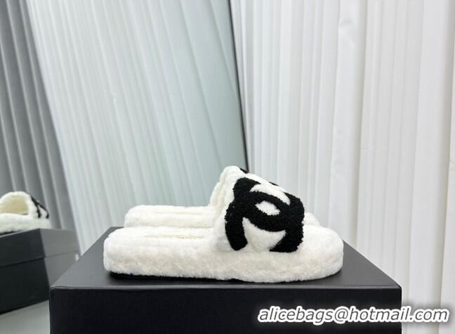 Best Grade Chanel Wool Flat Slide Sandals with Maxi CC White 918080