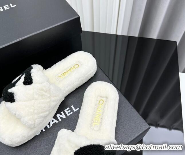 Best Grade Chanel Wool Flat Slide Sandals with Maxi CC White 918080