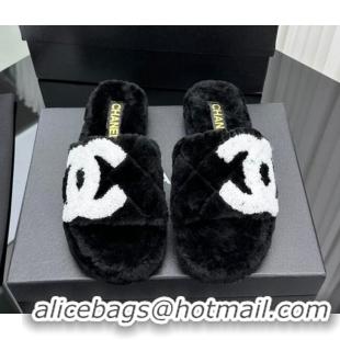 Good Quality Chanel Wool Flat Slide Sandals with Maxi CC Black 918081