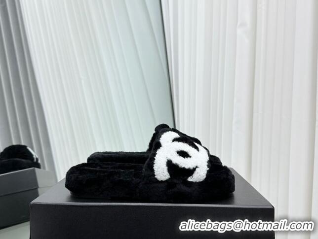 Good Quality Chanel Wool Flat Slide Sandals with Maxi CC Black 918081