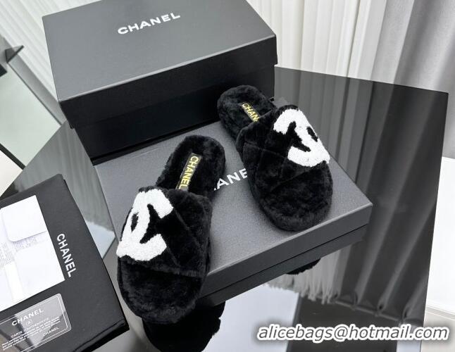 Good Quality Chanel Wool Flat Slide Sandals with Maxi CC Black 918081