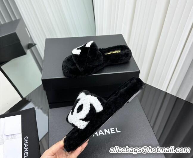 Good Quality Chanel Wool Flat Slide Sandals with Maxi CC Black 918081