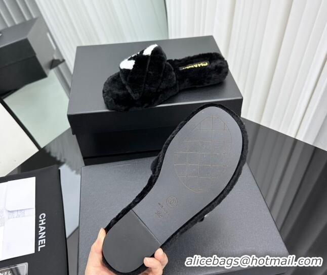 Good Quality Chanel Wool Flat Slide Sandals with Maxi CC Black 918081