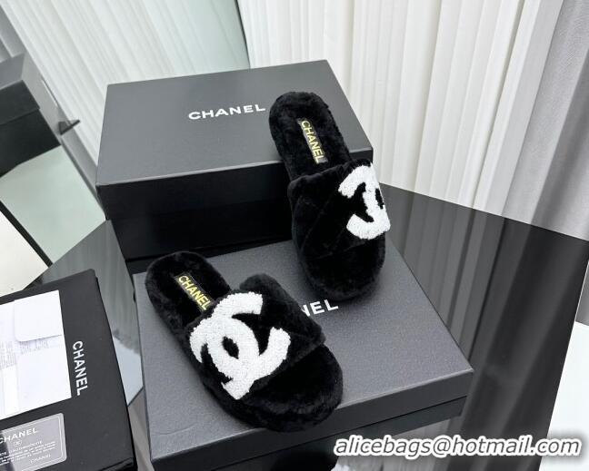 Good Quality Chanel Wool Flat Slide Sandals with Maxi CC Black 918081