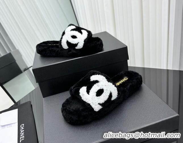 Good Quality Chanel Wool Flat Slide Sandals with Maxi CC Black 918081