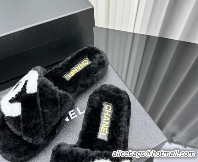 Good Quality Chanel Wool Flat Slide Sandals with Maxi CC Black 918081