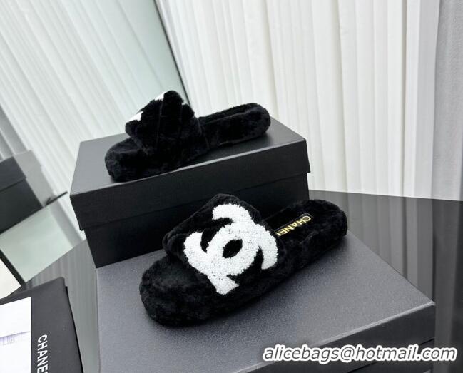 Good Quality Chanel Wool Flat Slide Sandals with Maxi CC Black 918081