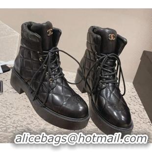 Unique Style Chanel Padded Quilted Leather Lace-up Ankle Boots Black 925001