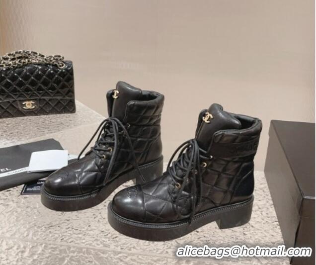 Unique Style Chanel Padded Quilted Leather Lace-up Ankle Boots Black 925001