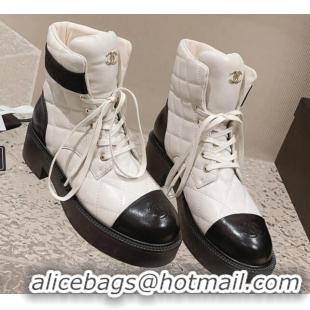 Charming Chanel Padded Quilted Leather Lace-up Ankle Boots White 925002