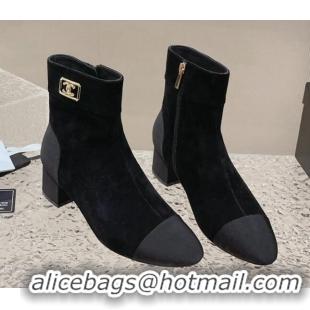 Buy Luxury Chanel Suede Heel Ankle Boots with Framed CC Black 925003