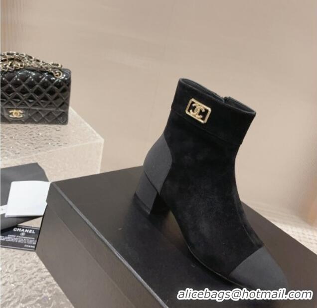 Buy Luxury Chanel Suede Heel Ankle Boots with Framed CC Black 925003