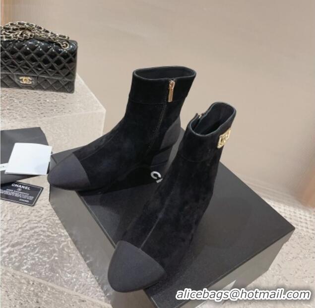 Buy Luxury Chanel Suede Heel Ankle Boots with Framed CC Black 925003