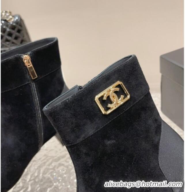 Buy Luxury Chanel Suede Heel Ankle Boots with Framed CC Black 925003