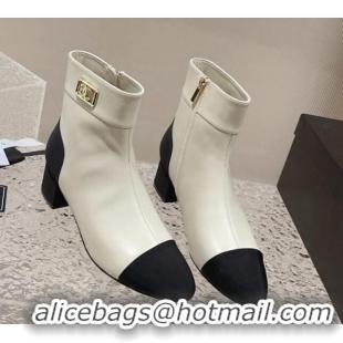 Classic Hot Chanel Calfskin Heel Ankle Boots with Framed CC White 925004