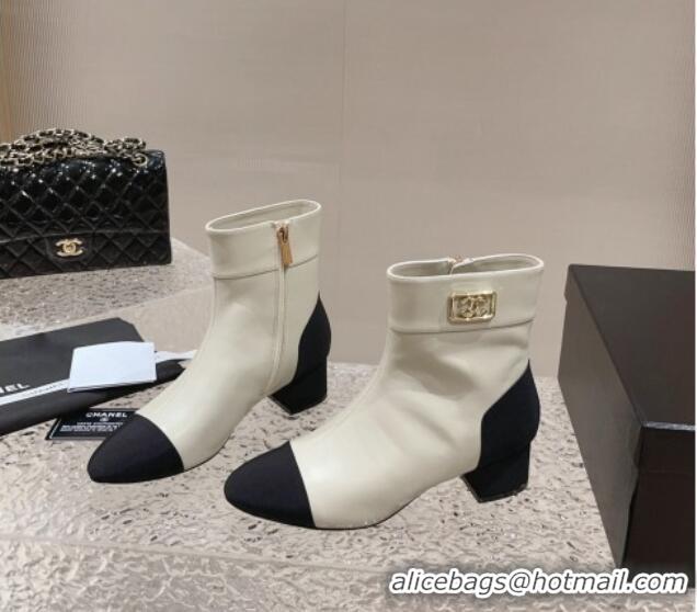 Classic Hot Chanel Calfskin Heel Ankle Boots with Framed CC White 925004