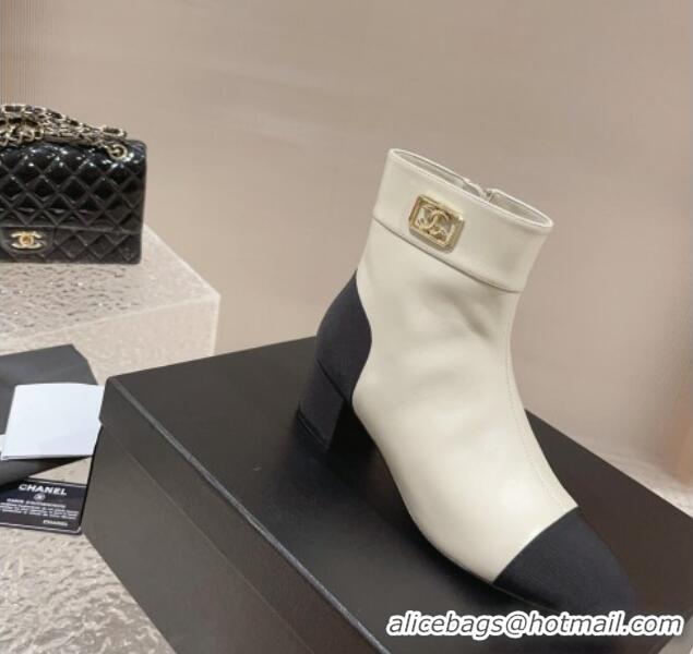 Classic Hot Chanel Calfskin Heel Ankle Boots with Framed CC White 925004