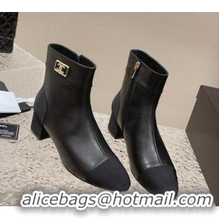 Durable Chanel Calfskin Heel Ankle Boots with Framed CC Black 925005