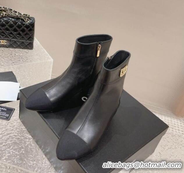 Durable Chanel Calfskin Heel Ankle Boots with Framed CC Black 925005