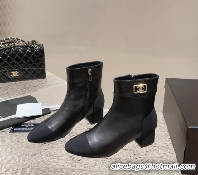 Durable Chanel Calfskin Heel Ankle Boots with Framed CC Black 925005