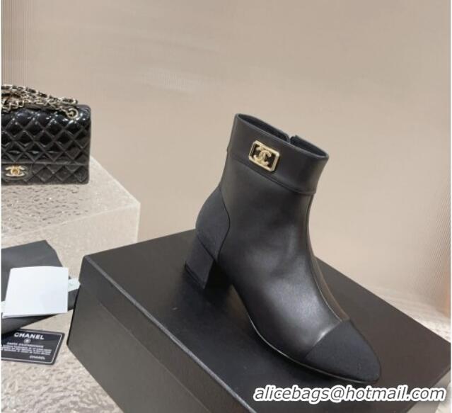 Durable Chanel Calfskin Heel Ankle Boots with Framed CC Black 925005