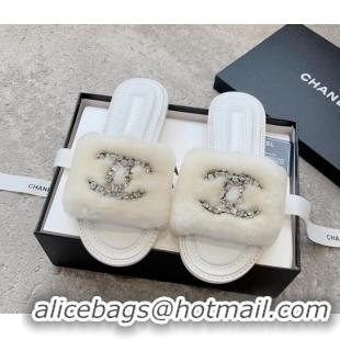 Cheap Price Chanel Wool Flat Slide Sandals with Crystal CC White 925006