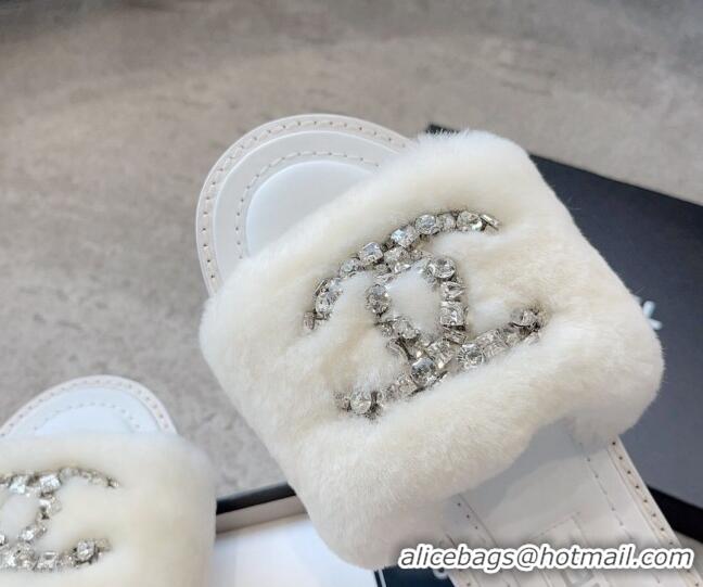 Cheap Price Chanel Wool Flat Slide Sandals with Crystal CC White 925006