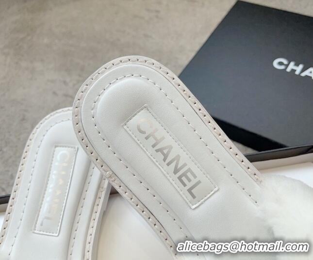 Cheap Price Chanel Wool Flat Slide Sandals with Crystal CC White 925006