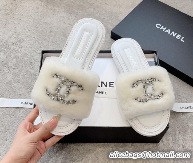 Cheap Price Chanel Wool Flat Slide Sandals with Crystal CC White 925006