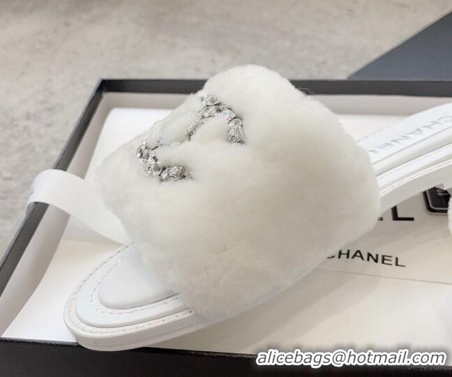 Cheap Price Chanel Wool Flat Slide Sandals with Crystal CC White 925006