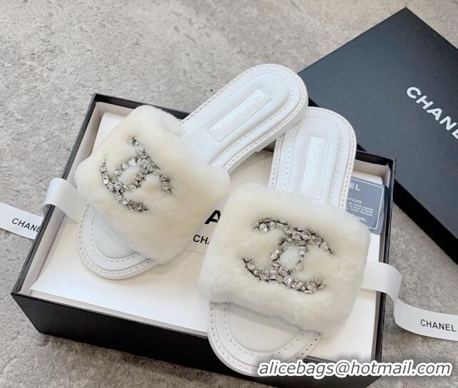 Cheap Price Chanel Wool Flat Slide Sandals with Crystal CC White 925006