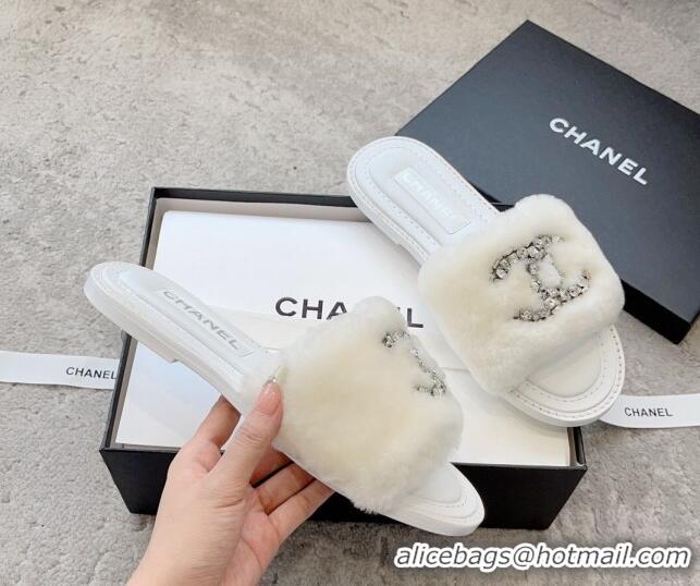 Cheap Price Chanel Wool Flat Slide Sandals with Crystal CC White 925006