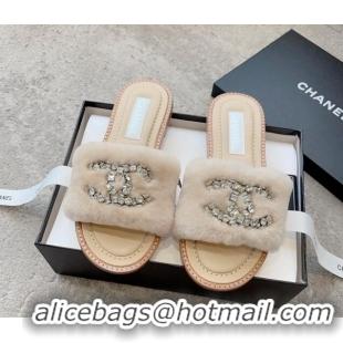 Unique Discount Chanel Wool Flat Slide Sandals with Crystal CC Beige 925007