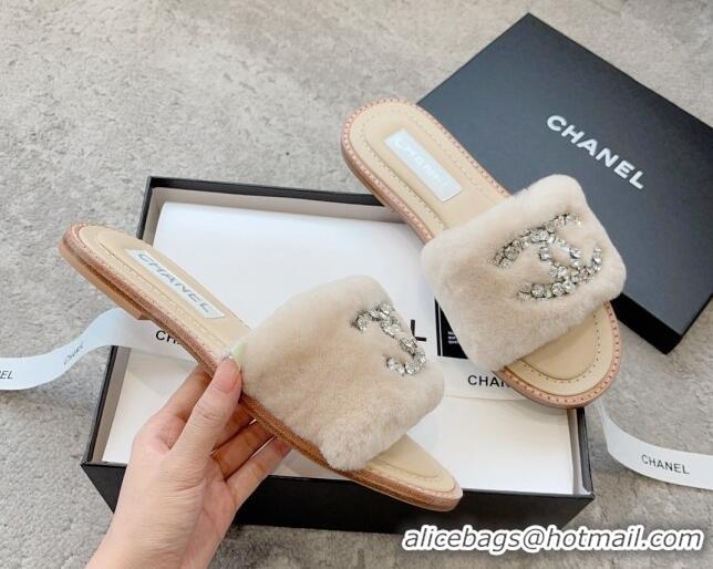 Unique Discount Chanel Wool Flat Slide Sandals with Crystal CC Beige 925007